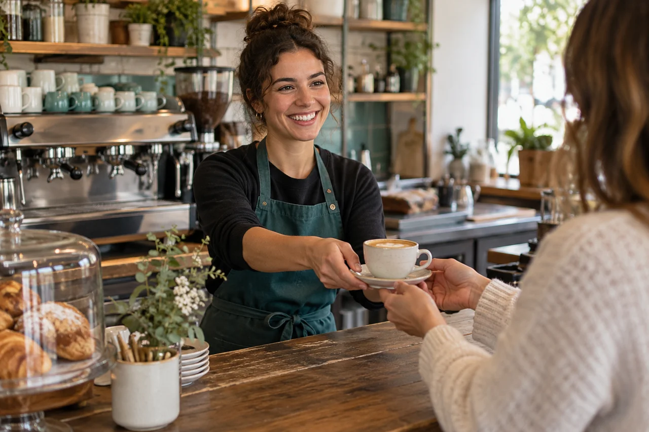 Cafémitarbeiter gibt Kaffee an einen Gast aus