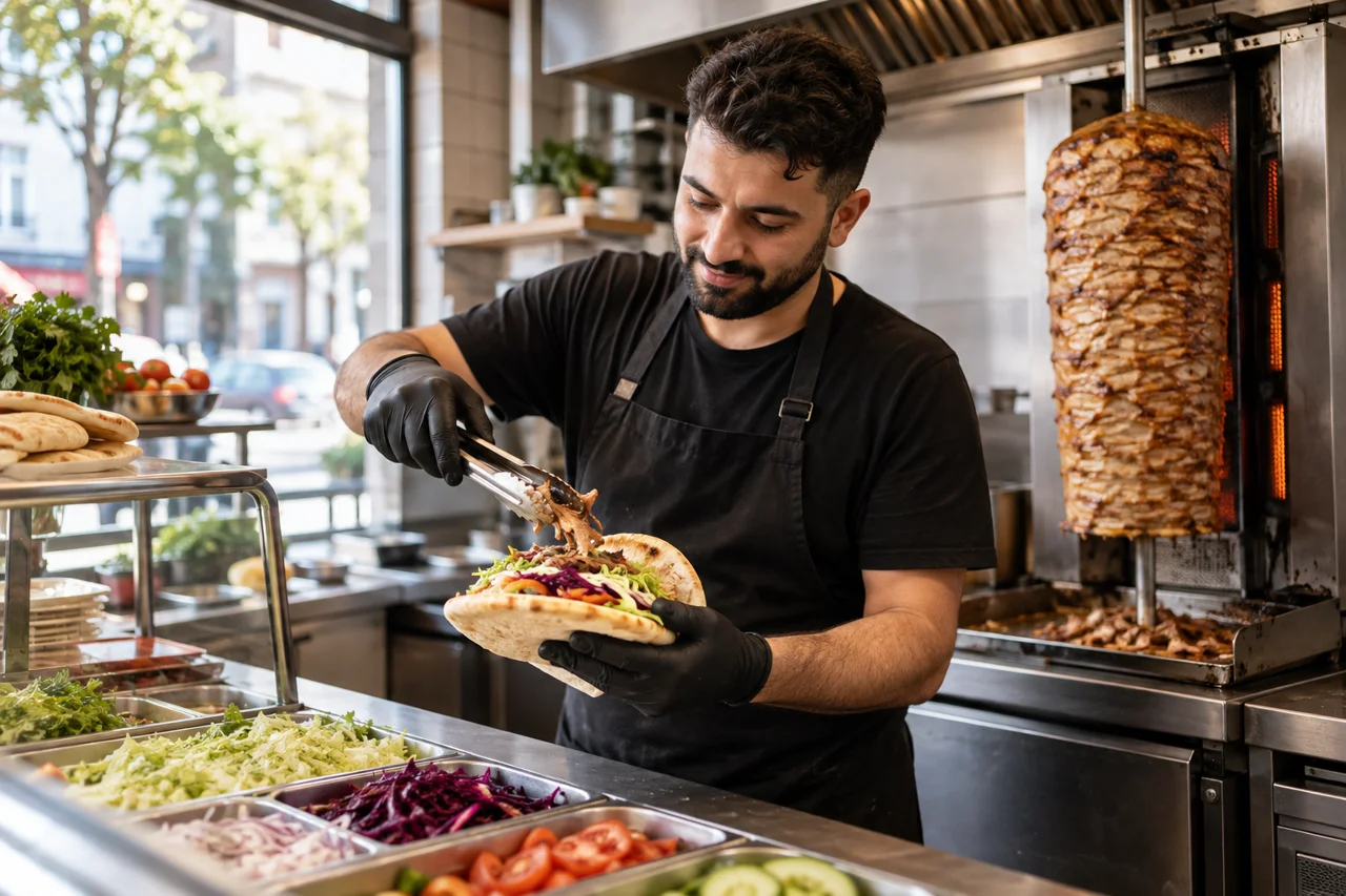 Mitarbeiter bereitet einen Döner an der Theke zu