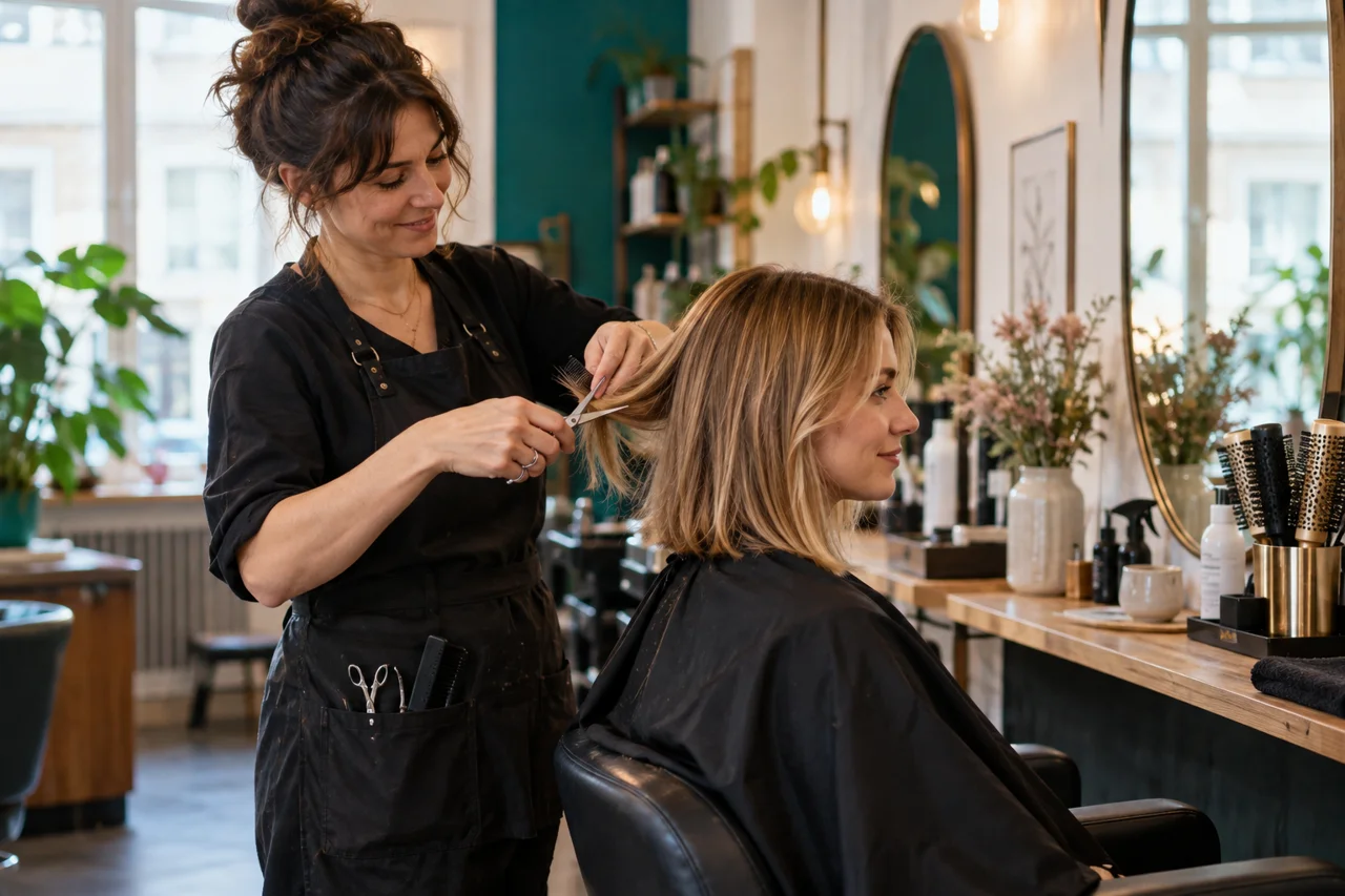 Friseurin schneidet einer Kundin die Haare in einem kleinen Salon